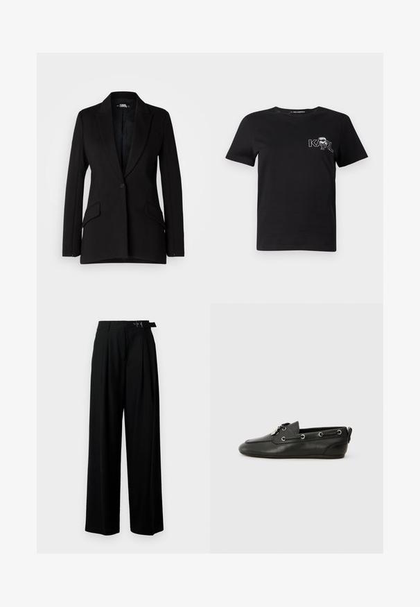 Czarna marynarka o zdefiniowanej konstrukcji, z klapami w kształcie notcha, pojedynczym zapięciem na guzik, dwoma kieszeniami bocznymi oraz gładką fakturą materiału.; Czarna koszulka t-shirt z krótkim rękawem wykonana z bawełny. Posiada biały nadruk z napisem "KARL" oraz stylizowaną postacią na klatce piersiowej. Okrągły dekolt.; Czarne spodnie szerokie w nogawkach z wysokim stanem, z plisami z przodu oraz paskiem z klamrą. Wykonane z gładkiego, lekkiego materiału.; Czarne skórzane buty żeglarskie z zaokrąglonym czubkiem, sznurówką z przodu, metalowymi oczkami i płaską podeszwą. Posiadają małą metkę z tyłu.