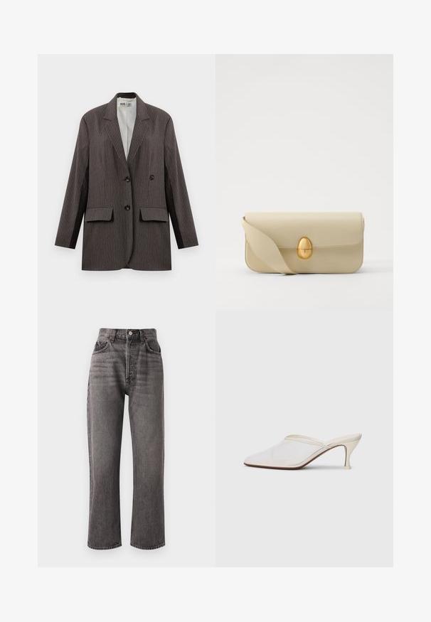 Sötét szürke csíkos zakó, dupla soros fazonnal, két elülső zsebbel és bemetszett hajtókával, fekete gombokkal.; Fehér selyem hosszú ujjú blúz gombos elülső résszel, laza fazonnal és cropped kialakítással, amely bodysuit alsórészbe olvad. Simább textúra.; Agolde 90S PINCH WAIST CROP - Egyenes szárú farmer - grey; Fehér hálós, hegyes orrú mules cipő, vékony, középmagas sarkával és slip-on kialakításával, egyszerű háttér előtt.; Beige bőrtáska sima textúrával, téglalap alakban, arany ovális zárral. Hosszú, állítható pánttal rendelkezik.