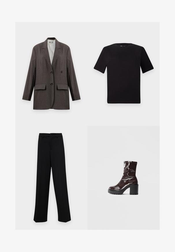 Pinstripe blazer in dark gray, featuring a double-breasted design, two front pockets, and notched lapels, with black buttons.; Black short-sleeve t-shirt with a round neckline, crafted from soft cotton fabric. Simple design, no visible logos or patterns.; Black wide-leg trousers made of smooth fabric, featuring a classic waistband with a button closure and front pleats.; Glossy burgundy ankle boot with a chunky black heel, featuring a smooth texture and simple design. No visible fastenings or patterns.