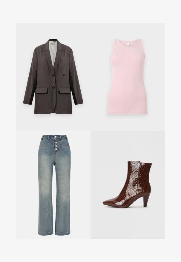Sako s proužky v tmavě šedé barvě, s dvojitým zapínáním, dvěma předními kapsami a klopovými límci, s černými knoflíky.; Světlé růžové tílko vyrobené z měkké, elastické látky. Má kulatý výstřih a úzká ramínka, s hladkou strukturou a přiléhavým střihem.; Svetle modré denimové široké kalhoty s vysokým pasem, pěti knoflíkovým zapínáním a dvěma předními kapsami. Hladká textura s jemným vyšisováním.; Hnědé kotníkové boty z umělé kůže se špičatou špičkou, krokodýlím vzorem a 5 cm stohovaným podpatkem. Boční zapínání bez viditelného kovového vybavení.