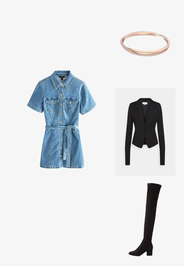Sort skræddersyet blazer med lange ærmer, notched lapels, en enkelt knaplukning og to forlommer. Glat stof med en struktureret pasform.; Denim kjole med korte ærmer, krave, to forlommer, knaplukning og bælte. Har lys blå stof med kontrasterende syninger.; Over-the-knee støvle i sort ruskind med blokhæl, der har en glat tekstur og en tætsiddende design, der går over knæet.; Rosaguld armbånd med to sammenflettede bånd, hvoraf det ene er prydet med en række diamanter, glat overflade og bløde kanter.