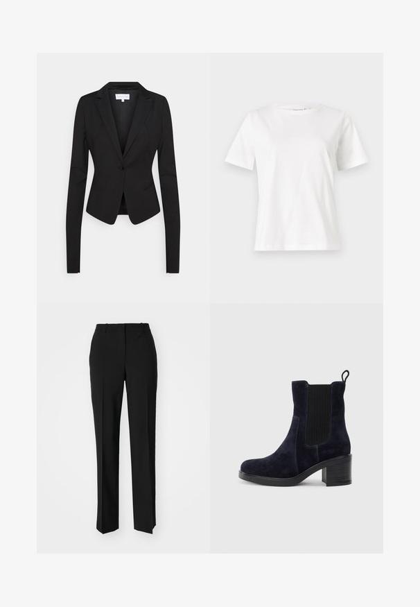 Zwarte op maat gemaakte blazer met lange mouwen, notch-lapels, een sluiting met één knoop en twee frontzakken. Glad weefsel met een gestructureerde pasvorm.; Witte katoenen t-shirt met korte mouwen, ronde halslijn en een ontspannen pasvorm. Gladde textuur, geen patronen of accenten, minimalistisch ontwerp.; Zwarte op maat gemaakte broek met een recht model, voorzien van een soepele textuur en scherpe plooien aan de voorkant. Geen zichtbare hardware.; Marineblauwe suède enkellaars met elastische zijpaneel, ronde neus en blokhak. Gemêleerd weefsel en een gladde zool voegen contrast toe.
