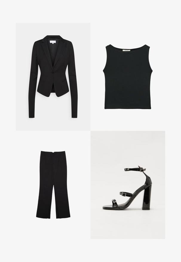 Blazer nero su misura con maniche lunghe, reverse a punte, chiusura con un bottone e due tasche frontali. Tessuto liscio con una vestibilità strutturata.; Top senza maniche nero realizzato in tessuto morbido, caratterizzato da un collo arrotondato e un design aderente senza motivi visibili o decorazioni.; Pantaloni neri a gamba dritta, con tasche frontali e spacchi laterali all'orlo. Realizzati in tessuto morbido e liscio. Adatti a diverse occasioni.; Sandali con tacco in vernice nera, con punta squadrata, cinturini alla caviglia e fibbie in argento. Presentano un tacco a blocco spesso per maggiore stabilità.