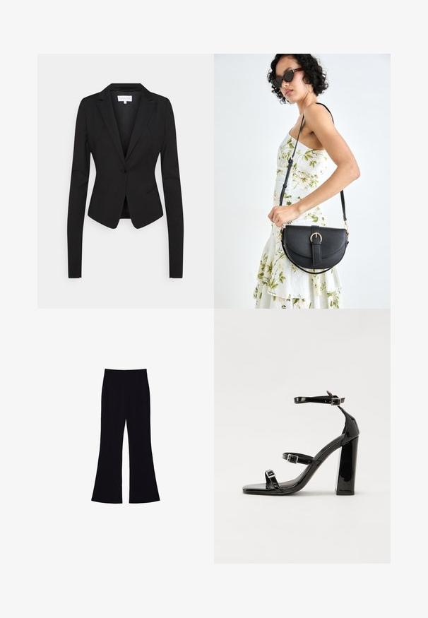 Musta räätälöity bleiseri pitkillä hihoilla, kaarevilla läpillä, yhdessä napilla suljettuna ja kahdella etutaskulla. Silkkinen kangas, jossa on ryhdikäs istuvuus.; Mustat hihattomat paidat, jotka on valmistettu sileästä kankaasta. Paidassa on pyöreä kaula-aukko ja se on istuva ilman näkyviä kuvioita tai koristuksia.; Mustat leveälahkeiset housut, joissa on korkea vyötärö ja ei näkyviä taskuja tai nappia, esiteltynä valkoista taustaa vasten.; Musta kiiltävä korkokenkä sandaalit neliönmuotoisella varpaalla, nilkkaremmillä ja hopeisilla soljilla. Varustettu tukevalla lohkokorkealla vakauden takaamiseksi.; Musta nahkainen käsilaukku, joka on kaareva muotoilultaan, irrotettavalla hihnalla ja kultaisilla yksityiskohdilla. Laukussa on läppä, jossa on solk yksityiskohta.