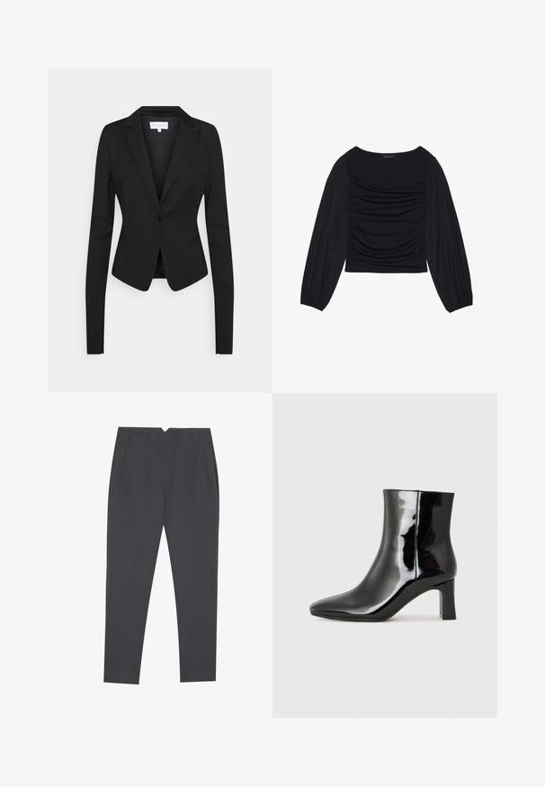 Schwarzer, taillierter Blazer mit langen Ärmeln, Reverskragen, einer einzelnen Knopfschließe und zwei Fronttaschen. Glatter Stoff mit strukturiertem Schnitt.; Schwarzes Langarmoberteil mit gerafftem Stoffdetail an der Vorderseite und an den Handgelenken, aus weichem, elastischem Material mit einem U-Boot-Ausschnitt.; Dunkelgraue, taillierte Hose mit seitlichen Taschen und vorderen Falten, entworfen für eine maßgeschneiderte Passform.; Schwarzer Lackleder-Stiefelette mit spitzer Zehe und einem mittelhohen Blockabsatz. Glatte Textur und minimalistisches Design.