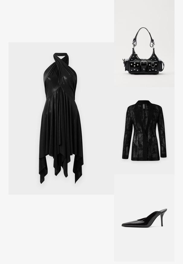 Mustapuku, jossa on läpinäkyvä pitsiylitys kukkakuviolla, leikkaussärmä ja pitkät hihat. Teksturoitu kangas, joka on muotoiltu istuvaksi.; Musta halterneck-mekko, jossa on drapeerattu muotoilu. Valmistettu kiiltävästä materiaalista, jossa on kierretty kaula-aukko ja epäsymmetrinen helma. Sujuva tekstuuri.; Mustat patentoidut korkeakorkoiset mulesandaalit, joissa on terävä kärki ja sulavalinjainen siluetti. Kenkäparissa on avonainen takaosa ja hoikka stiletto-korko.; Musta nahkainen käsilaukku, jossa on kaareva muotoilu, hopeiset niitit, solki ja kaksi sivutaskua. Säädettävä olkahihna erilaisiin kantovaihtoehtoihin.