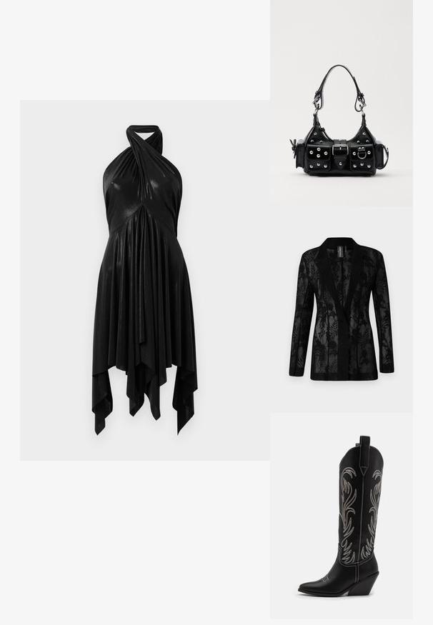 Černý blazer s průhlednou krajkovou vrstvou a květinovými vzory, s klopovým límcem a dlouhými rukávy. Texturovaná tkanina s přizpůsobeným střihem.; Černé halter šaty s draped designem. Vyrobené z lesklého materiálu, s propleteným výstřihem a asymetrickým lemem. Hladká textura.; Černé kožené kovbojské boty s špičatými špičkami, podpatky ve tvaru klínu a stříbrně vyšívanými květinovými vzory po celé délce. Kontrastní prošívání po celém obvodu.; Černá kožená kabelka s křivkovým designem, zdobená stříbrnými hřebíky, s přezkou a dvěma bočními kapsami. Nastavitelný popruh pro různé možnosti nošení.
