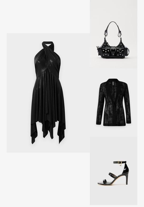Mustmustar must sideme võrgutav pitsist overlay lillemustriga, narmastega krae ja pikkade varrukatega. Tekstuuriga riie, mis on kohandatud sobivuse järgi.; Must mustrabilecek riiet, millel on langev disain. Valmistatud läikivast materjalist, millel on keeratud kaelus ja asümmeetriline serv. Sujuv tekstuur.; Must musta nahk sandaal kolme rihmaga, pahkluu vööga ja 4-tollise stilettakontsaga. Omab kuldset detaili ja logovõtit.; Must värvi nahast käekott, millel on kaarjas disain, hõbedased nupukesed, kinnitusahe ja kaks külgtaskut. Reguleeritav rihm erinevate kandmisvõimaluste jaoks.