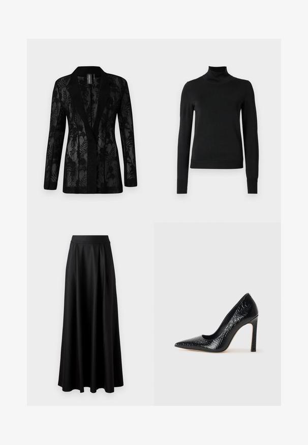 Fekete blézer, áttetsző csipkével borítva, virágmintákkal, kifordított gallérral és hosszú ujjal. Texturált anyag, testhezálló fazon.; Fekete, hosszú ujjú garbós pulóver bordás mandzsettákkal és aljjal, sima fehér háttér előtt bemutatva.; Fekete, földig érő szoknya sima textúrával, széles derékrésszel és plisszézett dizájnnal, látható minták vagy díszítések nélkül.; Fekete hegyes orrú magassarkú cipő krokodilbőr textúrával, letisztult dizájnnal, magas tűsarkú és sima fekete belső résszel.