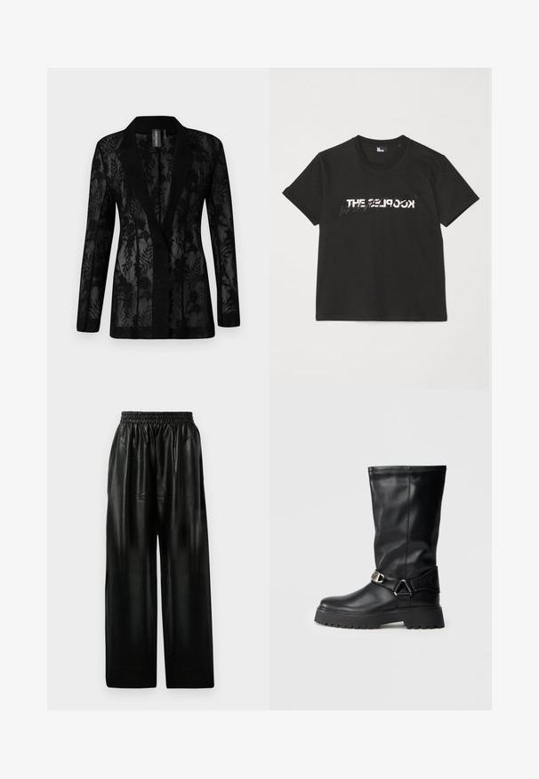 Melnā žakete ar caurspīdīgu mežģīņu pārklājumu ar ziedu rakstiem, ar iegriezumu apkakli un garām piedurknēm. Tekstūras audums ar pielāgotu piegriezumu.; Melnas kokvilnas T-krekls ar īsām piedurknēm, kuram priekšpusē ir printēts balts un pelēks dizains "THE 2LOOK". Klasisks apaļais kakls.; Melna ādas plata kāju bikses ar elastīgu jostu, ar divām sānu kabatām un gludu, spīdīgu tekstūru.; Melnas ceļa augstās zābakus, izgatavotus no gludas ādas, ar sprādzes akcentu sānos un biezu, teksturētu zoli labākai saķerei.