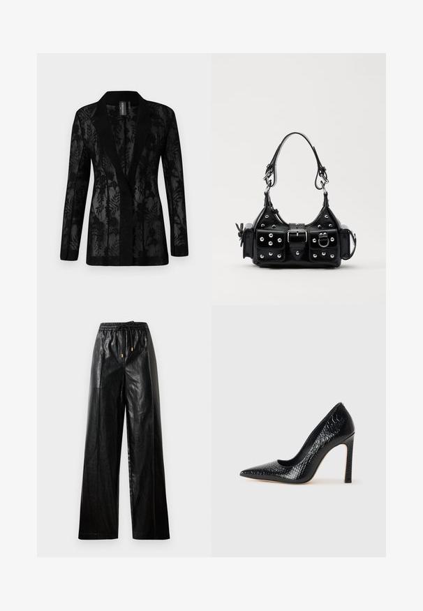 Melnā žakete ar caurspīdīgu mežģīņu pārklājumu ar ziedu rakstiem, ar iegriezumu apkakli un garām piedurknēm. Tekstūras audums ar pielāgotu piegriezumu.; Melnas garās piedurknes bodijs ar dziļu V-veida izgriezumu, sagatavotu svītru dizainu pāri krūtīm un zvana formas piedurknēm. Gluda, elastīga auduma.; Melni ādas bikses ar plašu kāju griezumu, elastīgu jostu, auklām un zelta detaļām. Gluda tekstūra un brīvs piegriezums.; Melni augstpapēžu apavi ar norādītu purngalu, ar krokodila ādas tekstūru, izceļoties ar elegantu dizainu, augstu stiletto papēdi un gludu melnu interjeru.; Melnas ādas rokturmais ar izliekumu, ar sudraba iedurtiem, sprādzi un divām sānu kabatām. Regulējams siksniņas garums dažādām nēsāšanas iespējām.