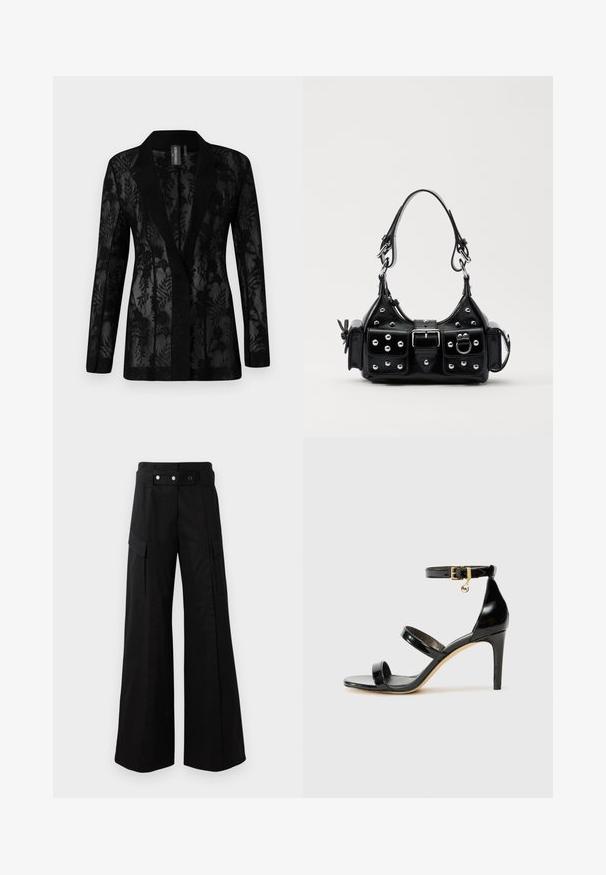 Černý blazer s průhlednou krajkovou vrstvou a květinovými vzory, s klopovým límcem a dlouhými rukávy. Texturovaná tkanina s přizpůsobeným střihem.; Černý body s dlouhými průhlednými síťovinovými rukávy, vysokým límcem, splývavým detailem v přední části a přiléhavým korzátem. Zapíná se na dně pomocí patentek.; Černé kalhoty s širokými nohavicemi a vysokým pasem, které mají velké boční kapsy, dva přední knoflíky a detail v podobě poutka. Vyrobeno z pevné látky.; Černé lakované kožené sandály se třemi pásky, sponou na kotníku a 10 cm jehlovým podpatkem. Obsahují zlaté kovové detaily a logo přívěsek.; Černá kožená kabelka s křivkovým designem, zdobená stříbrnými hřebíky, s přezkou a dvěma bočními kapsami. Nastavitelný popruh pro různé možnosti nošení.
