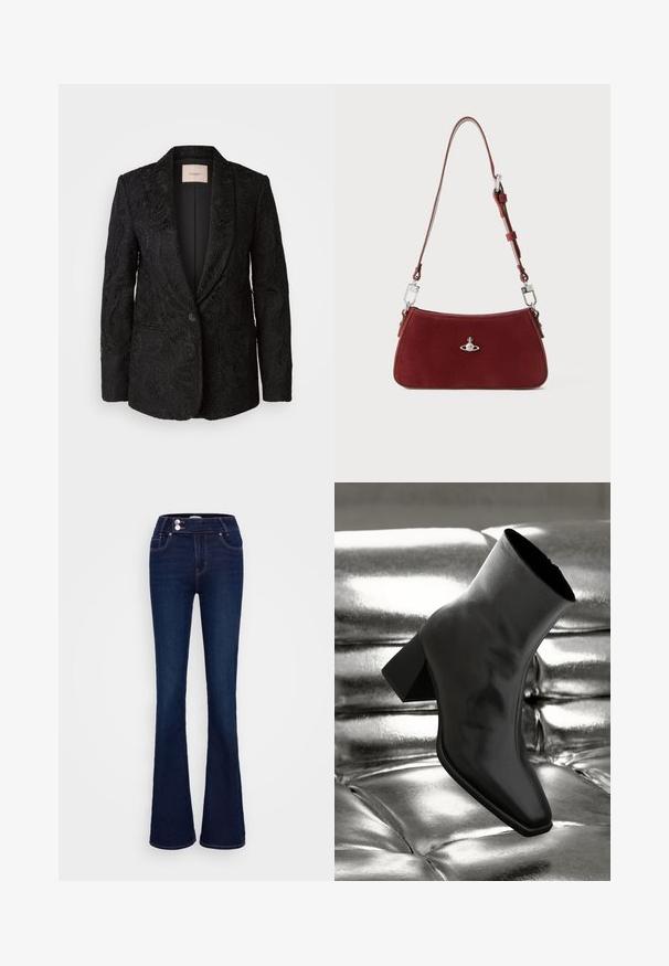 Czarna marynarka z wyrafinowanym koronkowym haftem, o strukturalnym kroju, z wyciętymi klapami, pojedynczym zapięciem na guzik i gładką podszewką.; Szara koszula z długim rękawem, w pionowe białe paski, z kołnierzykiem i zamkiem z przodu. Posiada dopasowany krój oraz zaokrąglony dół.; Granatowe dżinsy w fasonie dzwonów z wysokim stanem, dwiema przednimi kieszeniami oraz dwoma zapięciami na guziki. Wykonane z denimowej tkaniny o gładkiej fakturze.; Czarne botki za kostkę wykonane z błyszczącego materiału, z kwadratowym noskiem i zwężającym się obcasem, na tle błyszczącego srebrnego tapicerowanego tła.; Czerwona zamszowa torba na ramię o wyprofilowanym kształcie. Posiada srebrny akcent oraz regulowany pasek z detalami ze stali. Gładka tekstura.; Srebrne metalowe kolczyki o gładkim, kroplowym kształcie i wypolerowanym wykończeniu. Delikatne grawerunki dodają szczegółów. Minimalistyczny design.
