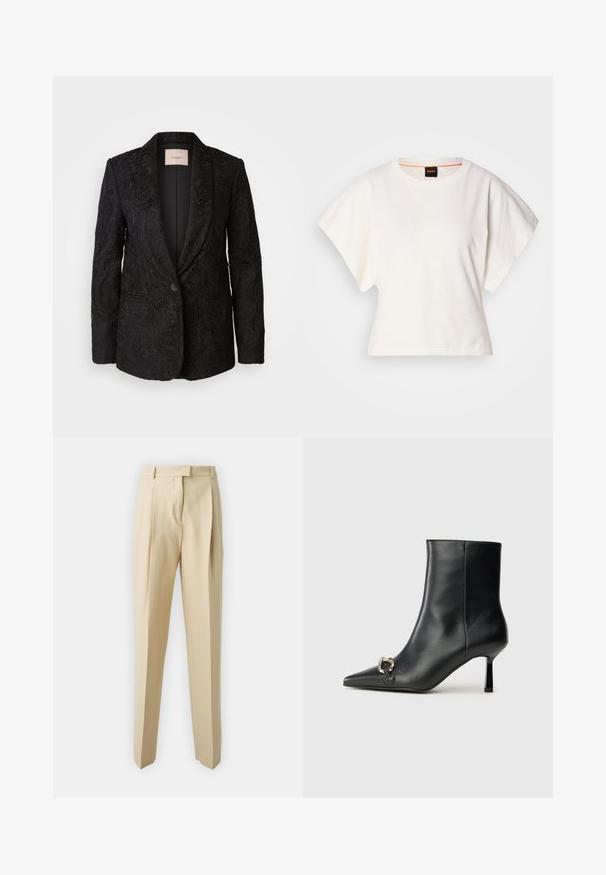 Blazer negro con un intrincado patrón de encaje, cierre de un solo botón, solapas con muesca y dos bolsillos frontales. Interior sin forro, ajuste moderno y entallado.; Camiseta blanca recortada, con mangas cortas y anchas, material de algodón suave, cuello redondo con un sutil ribete naranja, diseño minimalista, sin patrones ni gráficos.; Pantalones beige ajustados con corte recto, con pliegues, cinturilla y una textura suave. Sin bolsillos visibles ni adornos.; Botín negro de cuero hasta el tobillo con punta afilada, tacón delgado de altura media y detalle de hebilla plateada en el lateral, sobre un fondo liso.
