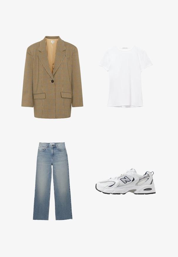 Gestuz CORINA - Sacou - multi-colored; Cămașă albă cu mânecă scurtă dintr-un material neted, cu guler rotund și detalii discrete de cusătură la tiv.; Jeans de blugi de culoare albastru deschis, cu picioare largi, realizate din denim, având talie înaltă, buzunare frontale și închidere cu nasture. Textură netedă cu zone estompate.; Shoe sportiv alb cu parte superioară din plasă, accente bleumarin și talpă amortizată. Are logo-ul "N", șireturi și detalii texturate pe lateral.