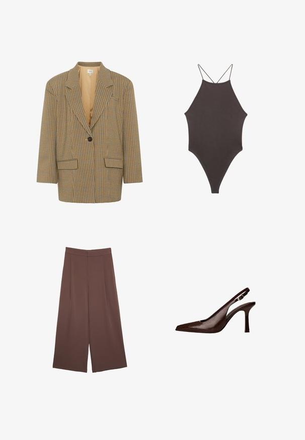 Gestuz CORINA - Blejzr - multi-colored; Hnědé, jednodílné plavky s vysokým krkem a tenkými, nastavitelnými ramínky; mají vysoký střih nohavic a hladkou texturu. Žádné vzory ani ozdoby.; Hnědé široké kalhoty s hladkou texturou, vysokým pasem a předními záhyby. Materiál je lehký a volně splývá.; Hnědá kožená lodička na tenkém podpatku se špičatou špičkou. Má malou ozdobnou přezku na pásku a lesklý povrch.