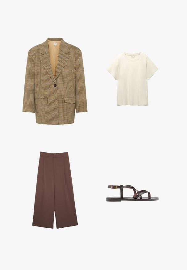 Gestuz CORINA - Bleiseri - multi-colored; Vaaleanbeige lyhythihainen t-paita, jossa on pyöreä kaula-aukko, valmistettu pehmeästä ja sileästä kankaasta. Ominaisuuksina rento mitta ja suora helma.; Ruskeat leveälahkeiset housut, joissa on sileä pinta, korkea vyötärö ja etupleat. Kangas on kevyttä ja laskeutuu väljänä.; Ruske kožne sandale s križnim trakama, zatvaranjem na kopču oko gležnja i ravnim potplatom s minimalnim detaljima šivanja.