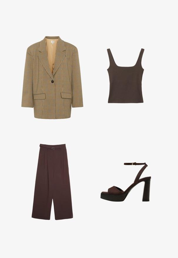 Gestuz CORINA - Blejzer - multi-colored; Hnedý bezrúškový top so štvorcovým výstrihom, vyrobený z mäkkého, elastického materiálu. Má priliehavý strih a ploché švy.; Stradivarius WIDE-LEG WITH BUCKLE DETAIL - Nohavice - dark brown; Hnedé semišové sandále na vysokom podpätku s otvorenou špičkou, nastaviteľným členkovým remienkom a pruhovanou platformovou podrážkou.