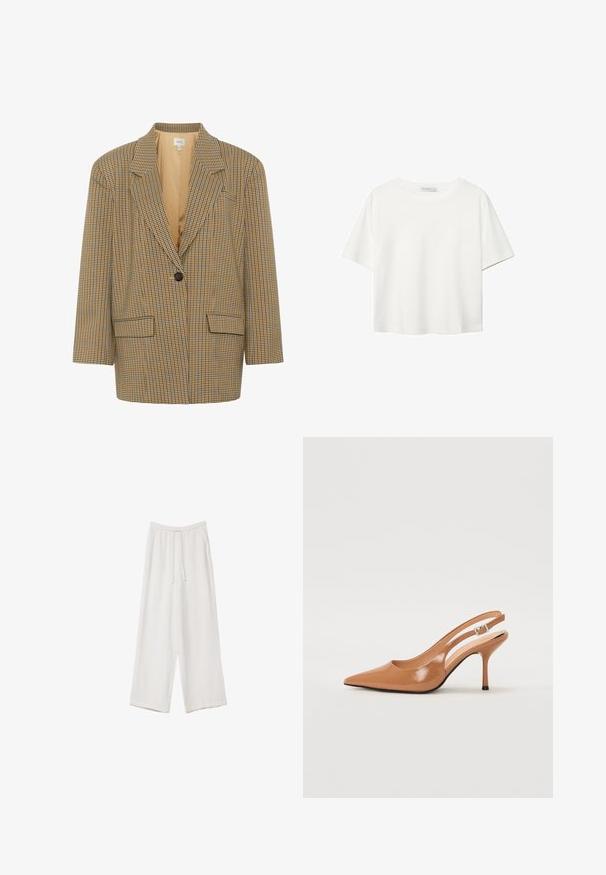 Gestuz CORINA - Blazer - multi-colored; T-shirt bianco a maniche corte realizzato in cotone. Presenta un collo tondo e una vestibilità rilassata. Texture liscia senza motivi o dettagli visibili.; Pantaloni a gamba larga bianchi realizzati in un tessuto leggero. Presentano una vita elastica con cordoncino e tasche laterali. Texture liscia.; Tacco slingback a punta affusolata in un materiale tan liscio e lucido. Presenta un design con ritaglio curvo e un sottile tacco a stiletto. Dettaglio con fibbia argentata.