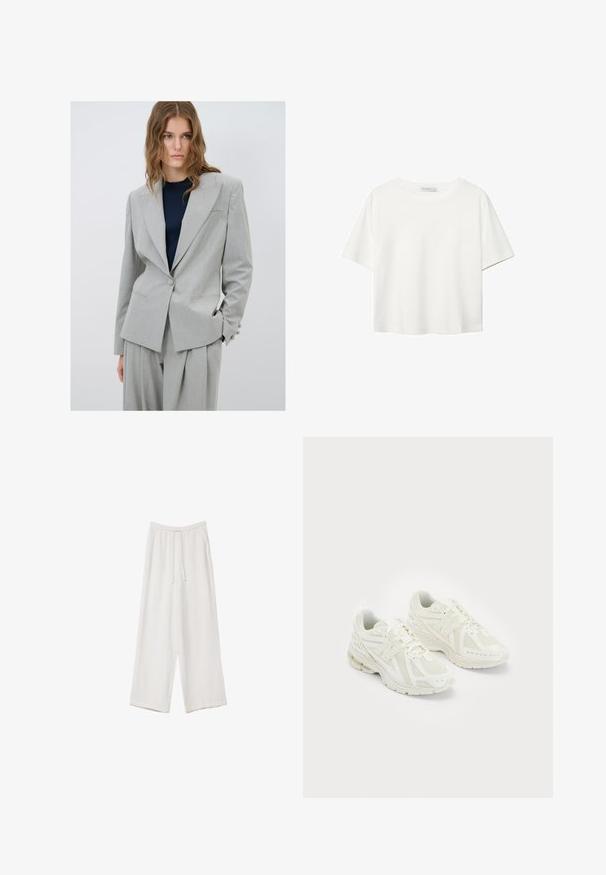 Vaaleanharmaa bleiseri, jossa on rakenteellinen muotoilu, yksittäinen napitus ja kaksi etutaskua. Yhdistetty tummansiniseen yläosaan ja löysiin housuihin.; Valkoinen lyhythihainen T-paita, joka on tehty puuvillasta. Siinä on pyöreä kaula-aukko ja rento malli. Silkkinen pinta ilman näkyviä kuvioita tai koristeita.; Valkoiset leveälahkeiset housut kevyestä kankaasta. Ominaisuuksiin kuuluu elastinen vyötärö, jossa on nauhakuuluma ja sivutaskut. Sileä rakenne.; Valkoiset urheilukengät, joissa on verkkomateriaali ja synteettisiä materiaaleja, nauhakuulakesuunnittelu, pehmustettu kaulus ja teksturoitu pohja pidon takaamiseksi. Kevyt rakenne.