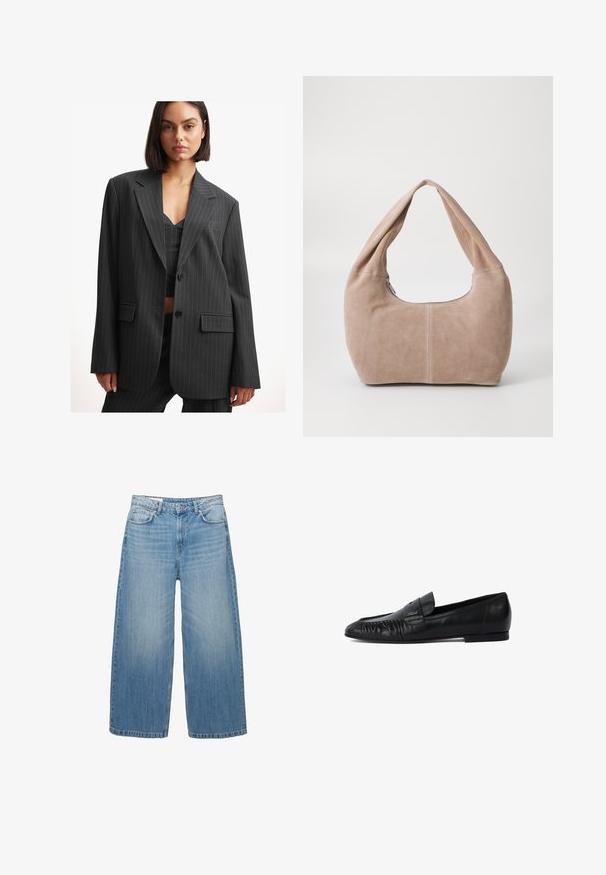 Blazer nera a righe con una vestibilità ampia, chiusura a un bottone, rever a punta e tasche laterali. Realizzato in un tessuto morbido con un design strutturato.; Maglione nero a maglia con scollo rotondo, maniche lunghe e design cropped. Realizzato in un materiale morbido con una texture liscia.; Jeans a gamba larga di un blu chiaro in denim, con un classico design a cinque tasche e chiusura con bottone. Texture scolorita in tutta la superficie.; Mocassini in pelle nera con punta arrotondata, dettagli cuciti sul davanti e suola piatta. Design minimalista con un sottile accento del logo.; Borse hobo realizzata in morbido materiale scamosciato di colore beige chiaro. Caratterizzata da una forma arrotondata con una tracolla ampia e chiusura con zip.