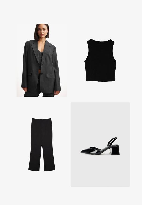 Schwarzer, gestreifter Blazer mit lockerer Passform, Ein-Knopf-Verschluss, Reverskragen und Seitentaschen. Hergestellt aus glattem Stoff mit strukturierter Verarbeitung.; Schwarzes ärmelloses Crop-Top aus glattem Stoff, mit rundem Ausschnitt und einem klaren, schlichten Design ohne Muster oder Beschläge.; Schwarze Hose mit geradem Schnitt, ausgestattet mit Fronttaschen und Seitenschlitzen am Saum. Hergestellt aus weichem, glattem Stoff. Geeignet für verschiedene Anlässe.; Schwarze Lackleder-Slingback-High Heels mit spitzem Schuh und einem geometrischen Blockabsatz. Verfügt über ein schlankes, minimalistisches Design und eine glatte Textur.