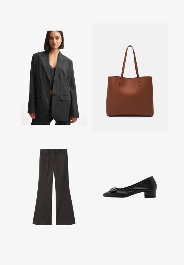 Črn blazer s črtami in ohlapnim krojem, enojnim gumbom, zareznimi ovratniki in stranskimi žepi. Narejen je iz gladkega materiala s strukturiranim dizajnom.; Črna majica s kratkimi rokavi in okroglo ovratnikom, izdelana iz mehkega bombaža. Ohlapen kroj, raven spodnji rob brez okrasnih elementov ali vzorcev.; Črne razširjene hlače z visokim pasom; vključujejo dva sprednja žepa in gladko teksturo tkanine. Primerne za različne priložnosti.; Črne usnjene škornje s koničastim nosom, majhnim kvadratnim peto in dekorativno zaponko na zgornjem delu. Gladka tekstura in preprost dizajn.; Rjava usnjena torba z gladko teksturo, odprto zasnovo zgoraj in dvema naramnima trakovoma. Opremljena je z minimalnim šivanjem in brez vidnih kovinskih delov.