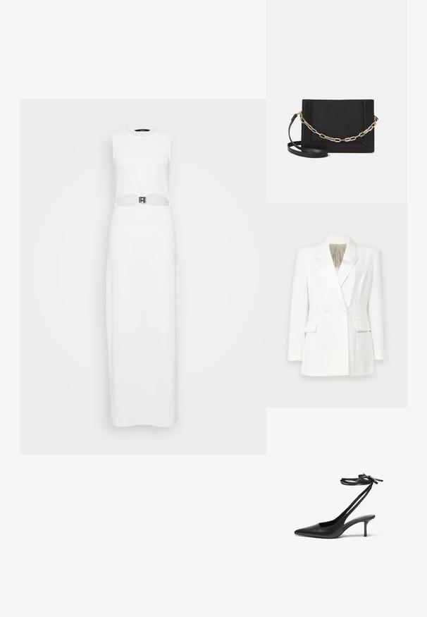 Bruuns Bazaar RUBYSUS TUXI BLAZER - Blazer - snow white; Robe maxi sans manches blanche avec une découpe centrale ornée d'un détail de ceinture métallique. Texture lisse, silhouette droite.; Escarpin noir en cuir avec un bout pointu, un dos ouvert et des brides à la cheville nouées en nœud. Talon fin de 3 pouces. Texture lisse, design minimaliste.; Sac bandoulière en cuir noir avec une texture lisse, de forme rectangulaire et un détail en chaîne métallique à l'avant. Sangle réglable incluse.