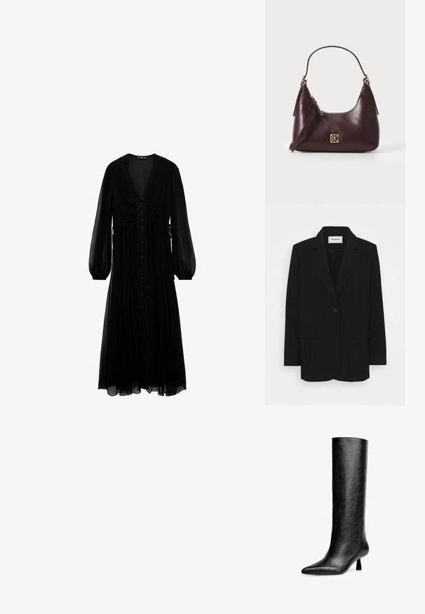 Crni sako od glatkog materijala, s jednim dugmetom, reverima i dva prednja džepa. Minimalistički dizajn s ležernim krojem.; Crna maksi haljina od prozirnog materijala, s dugim rukavima, dubokim V-izrezom, dugmadi sprijeda i nabranim detaljima u struku.; Crne čizme do koljena od teksturirane kože. Imaju špicasti vrh i mali, rašireni potplat. Elegantnog su, glatkog dizajna s minimalnim naglascima.; Bordo kožna torba s zakrivljenim oblikom, zlatni akcenti na hardveru i zatvorena na patentni zatvarač. Ima odvojivi rameni pojas.