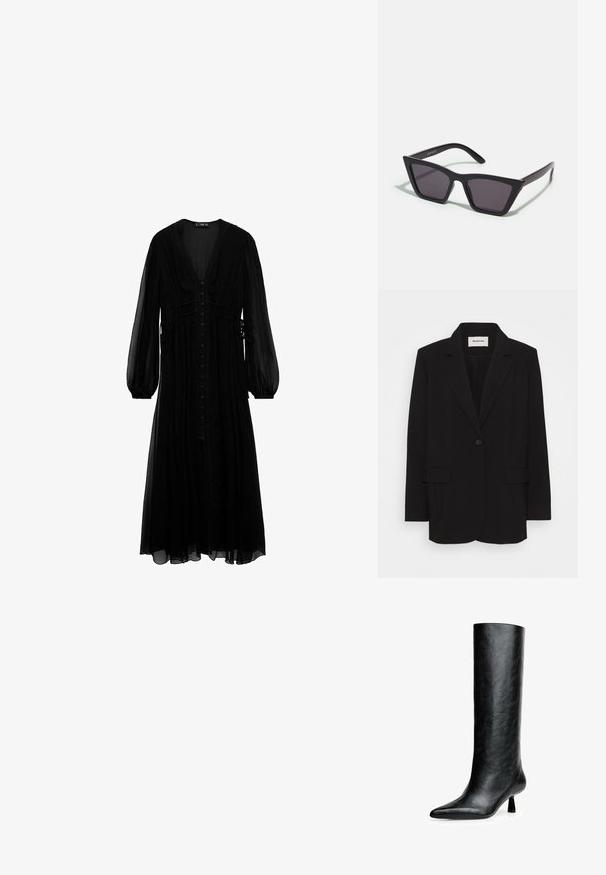Čierny blazer vyrobený z hladkej tkaniny, s jedným gombíkom na zapínanie, s vykrojenými klopami a dvoma prednými vreckami. Minimalistický dizajn s voľnejším strihom.; Čierne maxi šaty vyrobené z priesvitnej látky, s dlhými rukávmi, hlbokým V-výstrihom, gombíkovým zapínaním vpredu a nariasením v oblasti pásu.; Čierne vysoké čižmy vyrobené z textúrovanej kože. Majú špicatú špičku a malý, rozšírený opätok. Elegantný, hladký design s minimálnymi akcentmi.; Čierne, ostré slnečné okuliare so sivými sklami; vyrobené z plastu, majú hrubé ramená s hladkým povrchom a bez viditeľnej mechaniky.