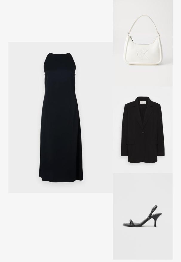 Blazer noir en tissu lisse, avec une fermeture à un bouton, des revers crantés et deux poches avant. Design minimaliste avec une coupe relaxée.; Robes sans manches noires avec un col rond et une fente sur le côté. Fabriquée en tissu lisse, avec une coupe ample et un design minimaliste.; Sandales à talons hauts en cuir noir avec un talon fin et courbé et un design de brides croisées. Bride de cheville réglable. Texture lisse.; Sac à main en cuir blanc avec une forme courbée, arborant un logo "CK" embossé à l'avant et une seule bandoulière. Fermeture à glissière en haut.