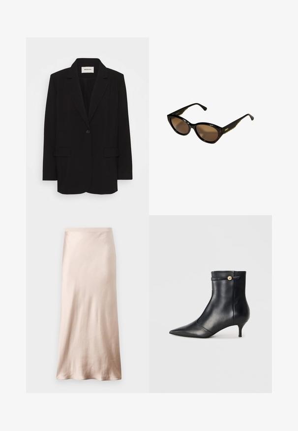 Blazer noir en tissu lisse, avec une fermeture à un bouton, des revers crantés et deux poches avant. Design minimaliste avec une coupe relaxée.; Camisole noire avec des bretelles ajustables fines, bordée de dentelle le long de l'encolure et d'une texture satinée lisse. Design simple et élégant.; Jupe midi en satin beige clair, avec une taille ajustée, une texture lisse et un ourlet évasé, sans ornementation ni poches visibles.; Bottine en cuir noir à bout pointu et petit talon effilé. Dotée d'une sangle décorative avec un accent en bouton doré. Texture lisse.; Lunettes de soleil noir en forme d'œil de chat avec verres marron. Quincaillerie en or texturée sur les branches. Monture en plastique lisse avec une finition brillante.; Sac à main en cuir noir de forme rectangulaire, doté d'une seule ansse structurée, de quincaillerie argentée et d'une fermeture éclair. Texture lisse.