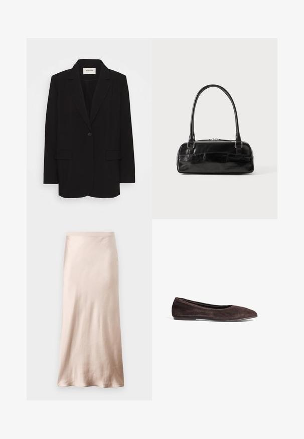 Blazer negro de tela suave, con un cierre de un solo botón, solapas de muesca y dos bolsillos frontales. Diseño minimalista con un corte relajado.; Camiseta negra con tirantes delgados ajustables, borde de encaje a lo largo del escote y una textura suave de satén. Diseño simple y elegante.; Falda midi de satén en beige claro, con una cintura ajustada, textura suave y dobladillo acampanado, sin adornos ni bolsillos visibles.; Bailarina de ante marrón con punta afilada y perfil bajo. Presenta una textura suave y un diseño minimalista. Sin hardware visible ni acentos.; Bolso de mano de cuero negro con forma rectangular, equipado con un asa estructurada, herrajes en plata y cierre de cremallera. Textura suave.