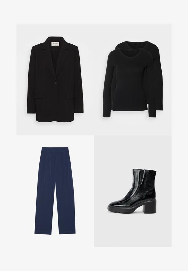Fekete blézer sima anyagból, egysoros gombolással, kihajtható gallérral és két elülső zsebbel. Minimalista dizájn, laza szabással.; Két fekete, hosszú ujjú póló V nyakkal, puha, rugalmas anyagból, sima textúrával és testhezálló fazonnal.; Sötétkék, bő szárú nadrág puha anyagból, elől redőkkel, sima textúrával, egyenes szabással, látható zsebek nélkül.; Fekete lakkbőr bokacsizma ívelt orral, elasztikus oldalpanelek és vastag blokk sarkal. A hátsó részen dombornyomott logó található.