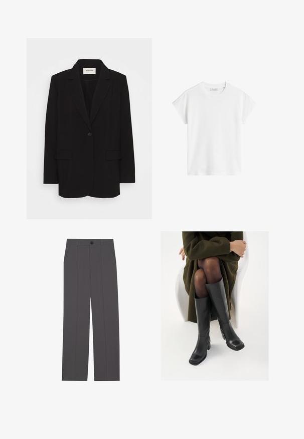 Musta bleiseri, joka on valmistettu sileästä kankaasta, ja jossa on yksittäinen napitus, viistot läpät sekä kaksi etutaskua. Minimalistinen muotoilu, jossa on rento istuvuus.; Valkoinen lyhythihainen t-paita, joka on valmistettu puuvillasta. Ominaisuuksia rento malli, pyöreä kaula-aukko ja hieman pudotetut hart seams. Ei kuvioita tai koristeita.; Harmaat housut, joissa on suora lahkeiden muotoilu, kahdella sivutaskulla ja nappisuljenta. Pehmeä kangas, jossa ei ole näkyviä kuvioita tai yksityiskohtia.; Polvisuoja mustat nahastossud, millel on ruudukujuline varvas ja plokk-kints, on esitatud mudeli seljas, kes istub oliivrohelises mantlis. Sile tekstuur, minimaalne detailitus.