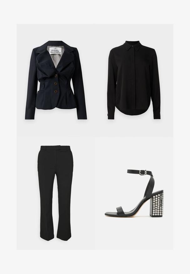 Námořnický blazer vyrobený z hladké tkaniny, s peplum pasem, velkými klopami a třemi hnědými knoflíky vpředu. Viditelná etiketa Vivienne Westwood.; Černá halenka s dlouhým rukávem a špičatým límcem, skrytým zapínáním na knoflíky a zakřiveným lemem na jednobarevném bílém pozadí.; Černé kalhoty na míru se střihovým designem rovného nohavice, mají poutka na opasek a boční kapsy. Vyrobené z hladké tkaniny s čistým zakončením.; Černé kožené sandály na podpatku s páskem kolem kotníku. Mají čtveratou špičku, hladký povrch a čtvercový blokový podpatek zdobený stříbrnými hroty.