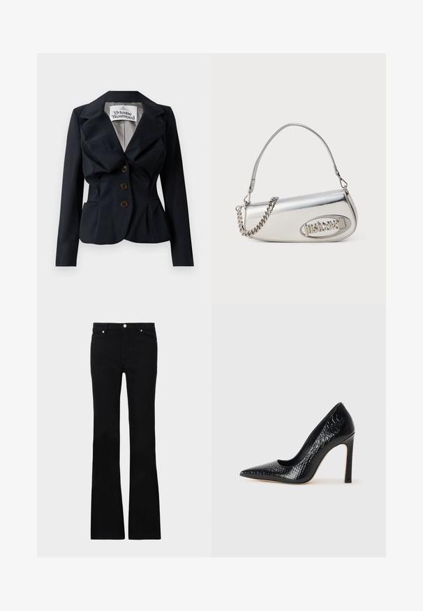 Sacou bleumarin dintr-un material neted, cu talie peplum, revere large și trei butoane maro în față. Eticheta Vivienne Westwood este vizibilă.; Top cropped negru cu mâneci lungi, realizat dintr-un material texturat, având un design ajustat și detalii plisate în zona bustului.; Blugi negri evazați din denim, care prezintă două buzunare frontale, o închidere cu buton și o textură netedă. Coaserea semnăturii vizibilă la cusături.; Pantofii cu toc înalt, ascuțiți, de culoare neagră, cu textură de piele de crocodil, având un design elegant, toc în stil stiletto și interior neted de culoare neagră.; Geantă de mână metalică argintie cu o formă triunghiulară rotundă, având un logo, curea din lanț și o textură netedă. Închidere cu fermoar pe lateral.