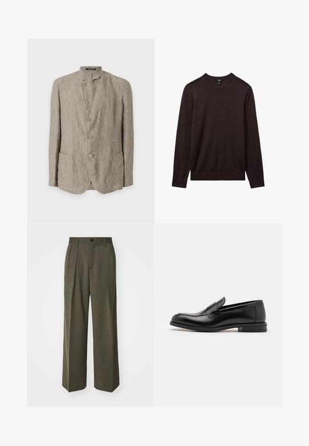 Emporio Armani Sako - beige scuro melange; Reiss Svetr - dark bordeaux; Filippa K WIDE TROUSERS - Kalhoty - driftwood; Černé kožené polobotky s hladkou texturou, zaoblenou špičkou a zdobným páskem přes nárt. Nízký stohovaný podpatek, minimalistický design.