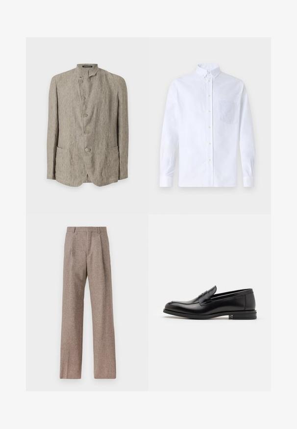 Emporio Armani Σακάκι τύπου μπλέιζερ - beige scuro melange; Λευκό πουκάμισο με μακρύ μανίκι, φτιαγμένο από βαμβάκι, με τσέπη στο στήθος με τονικό κέντημα, γιακά και κουμπιά στους μανικέτες.; Καφέ παντελόνι με ψηλή μέση από υφαντό ύφασμα. Διαθέτει φαρδιές καβάτζες και δύο μανίκια μπροστά για δομή. Καθαρή φινίρισμα χωρίς ορατό εξοπλισμό.; Μαύρες δερμάτινες μπαλαρίνες με λεία υφή, στρογγυλή μύτη και διακοσμητική ταινία πάνω από το επάνω μέρος. Χαμηλός καπιτώνας, μινιμαλιστικός σχεδιασμός.