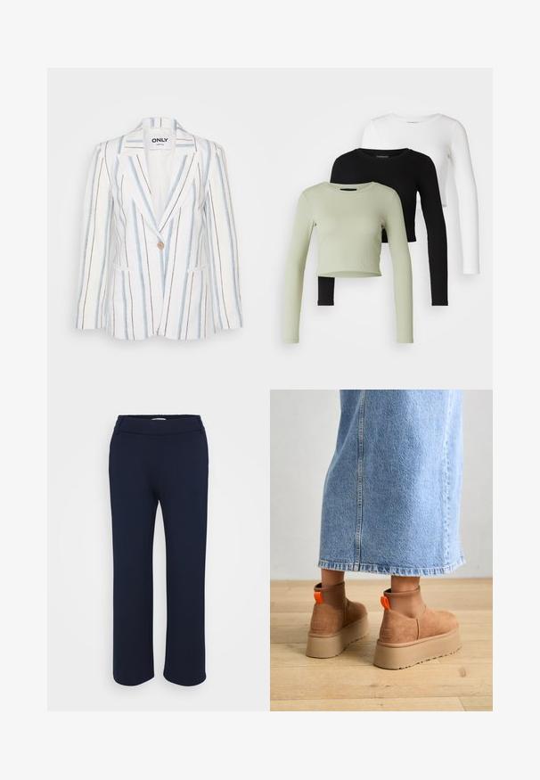 Riba pära valge, siniste ja pruunide vertikaalsete triipudega bleiser. Omab ühte nööp sulgemist ja kahte esist taskut. Kohandatud disain, ilma voodrita.; Even&Odd Petite 3 PACK - Pikkade varrukatega topp - black/white/light green; Tumed sinised sirged püksid venivast kangast, millel on lame vöökoht ja kaks küljetaskut kasutusmugavuse tagamiseks.; Pruunid nahatooted platvormikontsad elastsete külgpaneelidega ja oranžide tõmbetuttidega, koos puusani ulatuva heleda denim-seelikuga puidust põrandal.