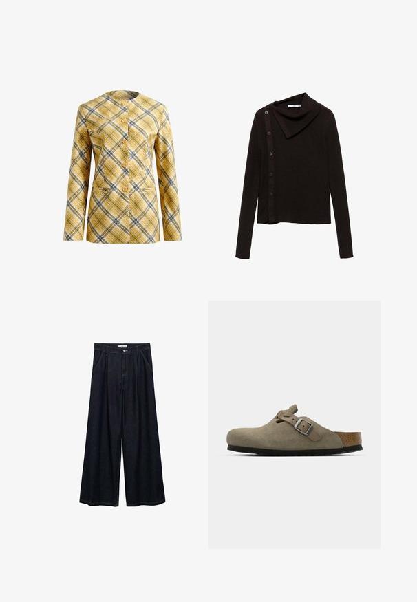 Marynarka w kratę w kolorze żółtym, białym i czarnym, z brakiem kołnierza, z zapięciem na guziki z przodu i dwoma przednimi kieszeniami. Teksturowana tkanina.; Brązowy sweter dzianinowy z dekoltem w kształcie komina, z bocznym zapięciem na guziki i długimi rękawami. Tkanina wydaje się miękka i teksturowana.; Ciemnoniebieskie spodnie o szerokich nogawkach z wysokim stanem, z zamknięciem na guzik z przodu, dwoma bocznymi kieszeniami oraz detalami w szwach.; Zamszowe klapki w jasnym oliwkowym kolorze z formowaną korkową i gumową podeszwą. Posiadają boczny pasek z metalowym sprzączką oraz zaokrąglony czubek.