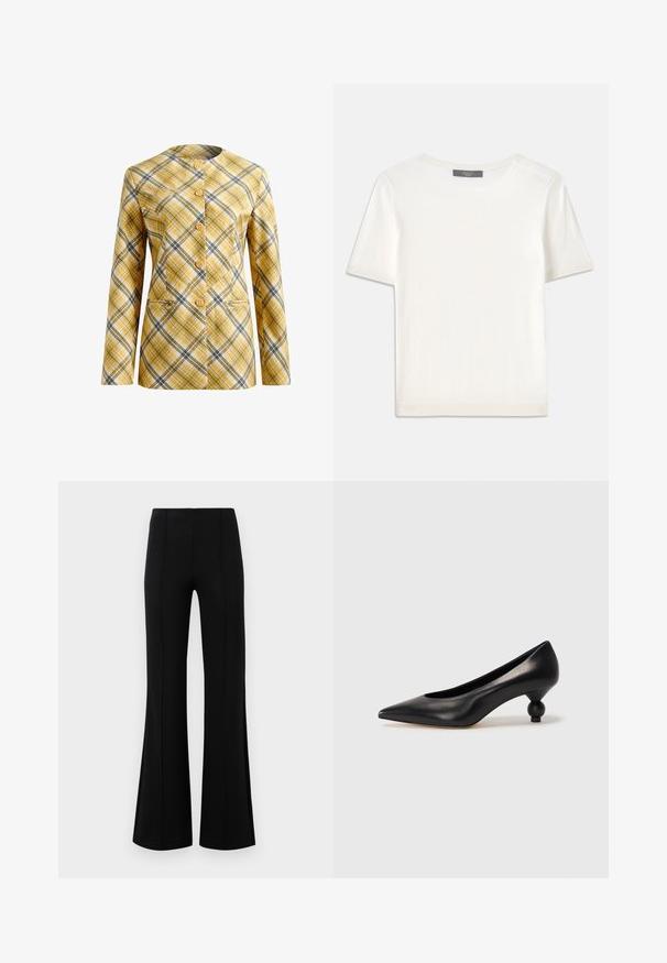 Plaid blazer in yellow, white, and black, featuring a collarless design, front button closure, and two front pockets. Textured fabric.; White short-sleeve knit top with a round neckline, featuring a smooth texture and subtle ribbed accents at sleeves and hem.; Black flared pants with a high waist, made of stretchy fabric. Features vertical seam details on the front and a smooth texture.; Black leather high heel shoe with a pointed toe and a round, balled heel. Smooth texture with a sleek, minimal design.