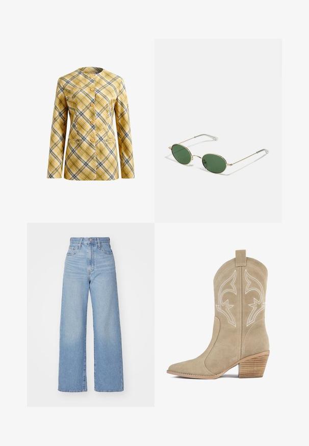 Plaid blazer in yellow, white, and black, featuring a collarless design, front button closure, and two front pockets. Textured fabric.; Green polo shirt made of cotton, featuring a classic collar, short sleeves, three-button placket, and a small blue logo on the chest.; Light blue high-waist wide-leg jeans with front button and zip closure, front and back pockets, on a white background.; Beige suede cowboy boot with pointed toe, decorative white stitching, high shaft, and a stacked wooden heel.; Gold-framed sunglasses with green oval lenses and thin metal arms. Features clear plastic tips on the arms for comfort.; Black handbag with a smooth texture, featuring a gold chain strap, zip closure, and a decorative gold emblem on the front.