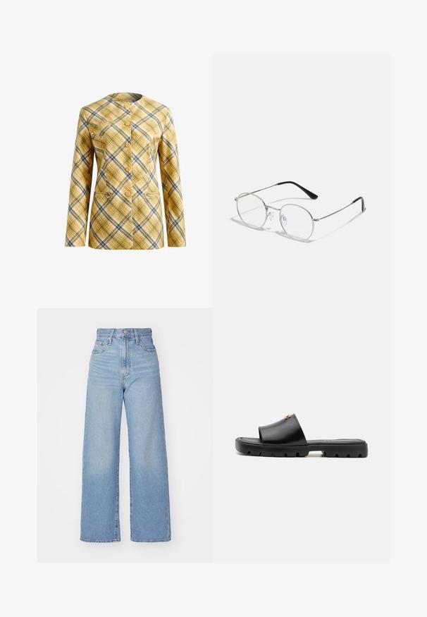 Blazer a quadri giallo, bianco e nero, caratterizzato da un design senza colletto, chiusura con bottoni frontali e due tasche frontali. Tessuto testurizzato.; T-shirt bianco a maniche corte realizzato in cotone. Presenta un collo tondo e una vestibilità rilassata. Texture liscia senza motivi o dettagli visibili.; Jeans a vita alta blu chiaro con gamba larga, chiusura frontale con bottone e zip, tasche anteriori e posteriori, su uno sfondo bianco.; Mule nere con una tomaia in pelle liscia e opaca e una suola in gomma spessa e testurizzata. Accento in oro notevole sulla tomaia. Design semplice e aperto.; Occhiali da vista rotondi in metallo con una sottile montatura argentata, lenti trasparenti e templi neri con punte in gomma per il comfort. Design minimalista.