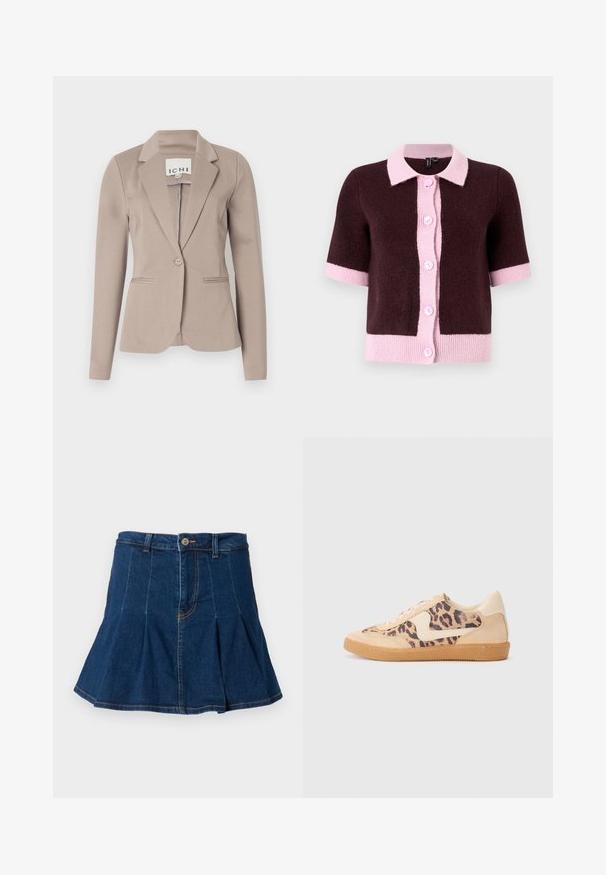 Beige skräddarsydd kavaj med en enkel knapp, slagkrage och två framfickor. Tillverkad av ett slätt tyg med medelvikt.; Kortärmad cardigan i mörkbrunt stickat material, med en ljusrosa krage och knäppning, samt kontrasterande rosa fåll och manschetter.; Svart kortärmad topp med rund halsringning, med utskärning och knytning fram. Tillverkad av mjukt, lätt material.; Jeanskjol i mörkblått, med en plisserad design, fem fickor, en framknäppning och kontrasterande sömdetaljer.; Leopardmönstrade sneakers med överdel i beige mocka, tan gummisula och vita detaljer. Rund tå och snörning med en strukturerad finish.