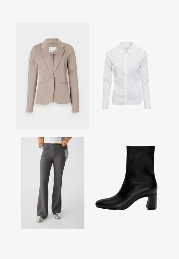Beżowa marynarka dopasowana z jednym guzikiem, klapami i dwoma przednimi kieszeniami. Wykonana z gładkiego materiału o średniej wadze.; Biała koszula z długim rękawem, z klasycznym kołnierzykiem, zapinana na guziki, wykonana z gładkiego materiału bawełnianego. Minimalistyczny design, bez wzorów i akcentów.; Szare spodnie w fasonie dzwonów wykonane z teksturowanej tkaniny, z dwoma guzikami z przodu i szlufkami na pasek, w połączeniu z błyszczącymi srebrnymi sneakerami.; Czarny botek na kostkę wykonany z gładkiej skóry. Posiada kwadratowy czubek, elastyczny górny brzeg oraz masywny obcas zapewniający stabilność. Minimalistyczny design.