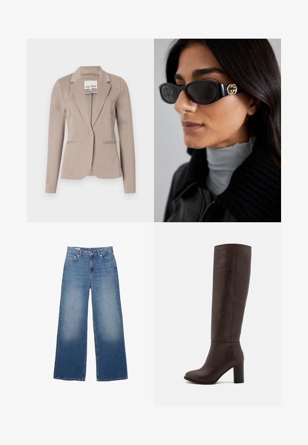 Beżowa marynarka dopasowana z jednym guzikiem, klapami i dwoma przednimi kieszeniami. Wykonana z gładkiego materiału o średniej wadze.; Koszula dżinsowa, ciemnoniebieski kolor, klasyczny kołnierzyk, długie rękawy, zapięcie na guziki, podkreślona brązowym skórzanym paskiem w talii.; Szerokie, jasnoniebieskie dżinsy z efektownym przetarciem, pięć kieszeni i zapięcie na guzik w talii. Materiał bawełniany, prosty krój.; Brązowy skórzany boot na wysokości kolan z grubym obcasem, gładką fakturą, zaokrąglonym noskiem i minimalnymi detalami w szwie.; Czarne okulary przeciwsłoneczne o eleganckim, prostokątnym kształcie z logo w kolorze złotym na boku. Ciemne soczewki i błyszczące wykończenie są wyraźnie widoczne.; Brązowa torebka z zamszu z dwoma mocnymi uchwytami, prostokątnym kształtem i ozdobnym paskiem na przodzie.