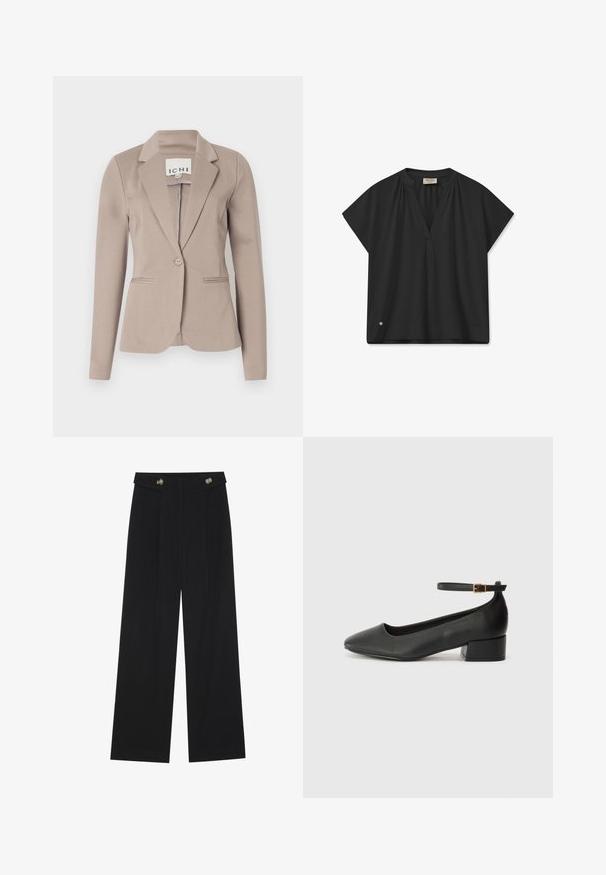 Sacou bej, croit pe corp, cu un singur nasture, rever notat și două buzunare frontale. Fabricat dintr-un material fin, de greutate medie.; Bluză neagră cu mâneci scurte și decolteu în V, cu detalii pliate la umeri și un accent subtil de logo la tiv. Textură netedă.; Pantaloni negri cu picioare largi, talie înaltă, detalii cu butoane pe talie și pliseuri în față.; Pantof cu toc negru din piele, cu vârf ascuțit și toc mic pătrat. Dispune de o curea la gleznă cu o cataramă în tonuri de aur. Textură netedă.