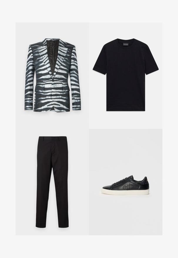 Juodas švarkas su zebro juostelių raštu baltos ir pilkos spalvos, su vienu mygtuko užsegimu, dviem priekiniu kišenėm ir kontrastinga pamušalu.; Juoda trumpomis rankovėmis apvaliu kaklu marškinėliai su subtiliu iškilniu ornamentu ir prekės ženklo etikete apykaklėje, padėti ant baltos fono.; Juodos kelnės iš sklandžios, lengvos medžiagos. Turi tiesaus kirpimo dizainą, diržo kilpas ir plokščią priekį su užtrauktuku.; Juodi žemi odiniai sportbačiai su balta padu, su įspaustu „RC“ šone, raišteliai priekyje ir tekstūrinė kulno juostelė su auksiniais įrašais.