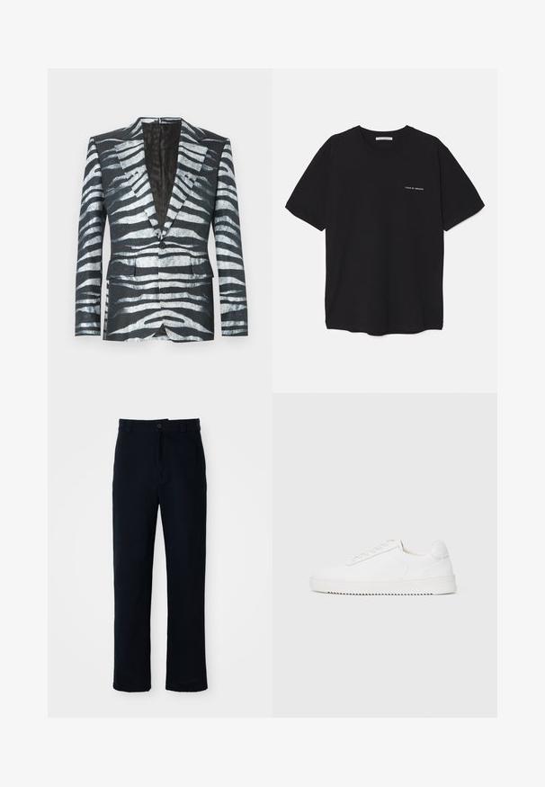 Black blazer featuring a zebra stripe pattern in white and gray, single button closure, two front pockets, and a contrast lining.; Black cotton T-shirt with a crew neck, short sleeves, and a white logo print on the left chest. Simple, solid color design.; Navy blue trousers made of cotton, featuring a straight-leg design, a front button closure, and classic waistband with belt loops.; White sneaker with a smooth leather upper, rounded toe, laces, textured side accents, and a thick rubber sole. Minimalist design.